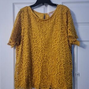 Large Philosophy Golden Yellow Lace Short Sleeve Blouse Top Lined Glam